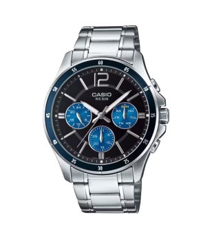 Мъжки сребрист часовник с циферблат в черно и синьо снимка