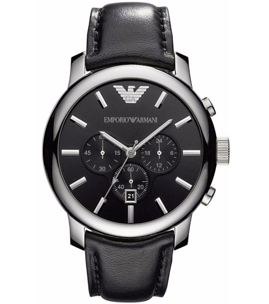 Мъжки сребрист часовник с черна кожена каишка снимка