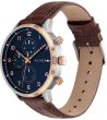 Мъжки часовник с кафява кожена каишка и син циферблат -1 снимка