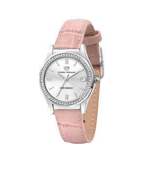 Дамски сребрист часовник с розова кожена каишка  снимка