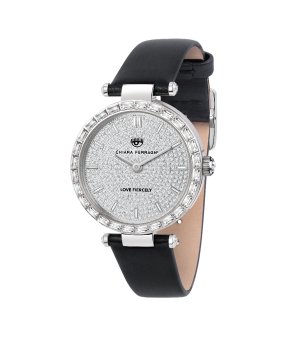 Дамски сребрист часовник с черна кожена каишка  снимка