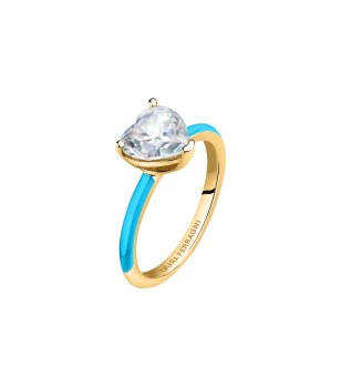 Златист пръстен с син емайл и камък сърце размер 14 снимка