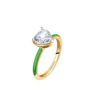 Златист дамски пръстен със зелен емайл и бял камък размер 18 снимка