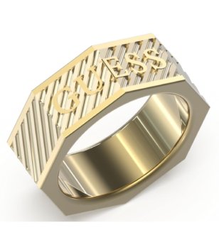 Златист мъжки пръстен с релефно лого размер 64 снимка