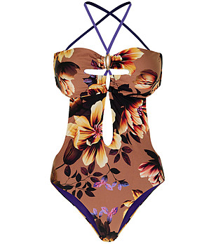 Кафяв цял бански с флорален принт FLOWER MANIA снимка