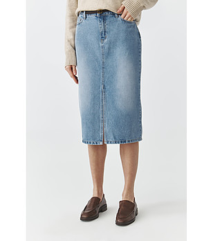 Синя памучна дънкова пола миди с цепка MEDIANA снимка