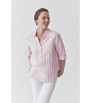 Розова раирана дамска блуза с лен BALEO снимка