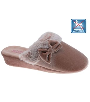 Розови домашни чехли с пухена яка и панделка снимка