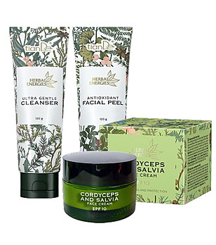Комплект от измиващ гел, пилинг за лице и крем за лице с кордицепс и салвия снимка