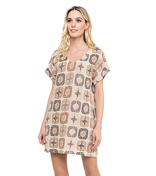 Бежова мини рокля - туника в бежово с принт снимка