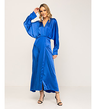 Синя сатенена макси рокля  снимка