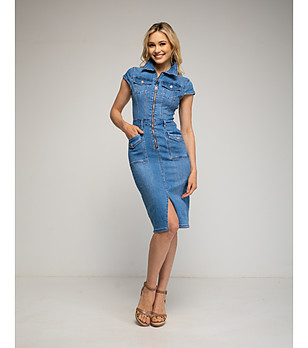 Дънкова миди рокля с цип и джобове снимка