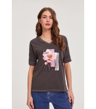 Сива  дамска памучна блуза с щампа снимка