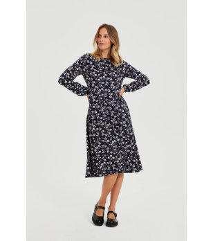 Тъмносиня рокля с дълъг ръкав и флорален принт снимка