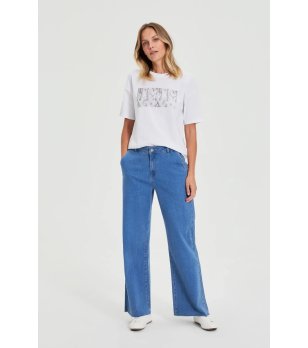 Дамски дънки с широк крачол в синьо снимка