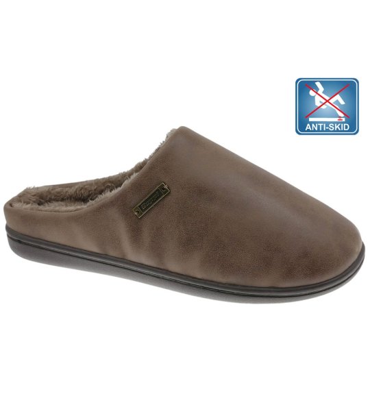 Кафяви мъжки чехли от еко кожа с пухена подплата снимка