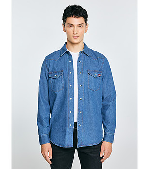 Синя дънкова памучна мъжка риза WESTERN снимка