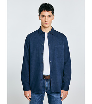 Синя памучна мъжка риза с дълъг ръкав GREST снимка