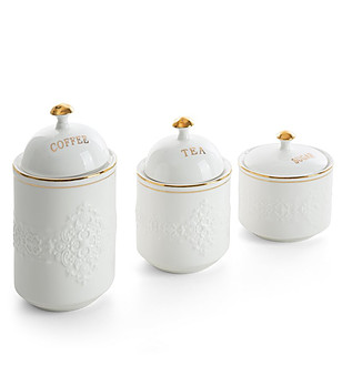 Комплект 3 бели керамични кухненски съда за кафе, чай, захар снимка