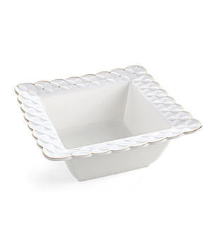 Кремава декоративна керамична купа със златист кант 23x23x9 см снимка