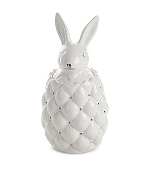 Бял декоративен керамичен съд с релеф и фигурка заек 14x30 см снимка