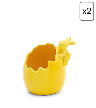 2 бр жълти керамични декоративни купички Яйце със зайче 9x10x8 см снимка