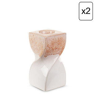 2 бр кремаво-бежови керамични свещници с омбре ефект 8x8x16 см снимка
