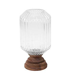 Бял стъклен свещник с дървена основа 17x34 см снимка