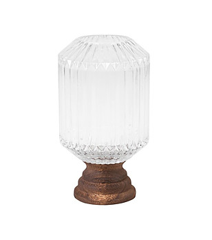 Бял стъклен свещник с дървена основа 15x26 см снимка