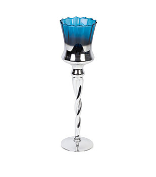 Сребристо-син стъклен свещник на високо краче 10x35 см снимка