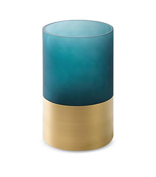 Тъмносин стъклен свещник със златиста основа 15x25 см снимка