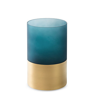 Тъмносиньо-златист стъклен свещник 12x20 см снимка