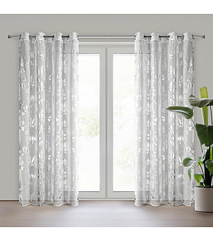 Бяло перде със сребрист флорален мотив на халки 140x250 см снимка