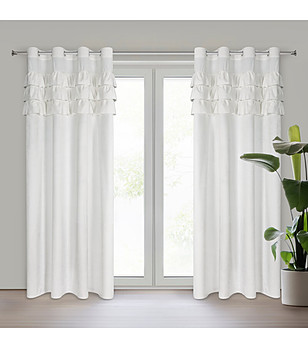 Бяло кадифено перде с волани и халки 140x250 см снимка