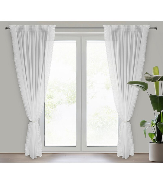 Бяло шифонено перде с къдрици и декоративна връзка 140x270 снимка