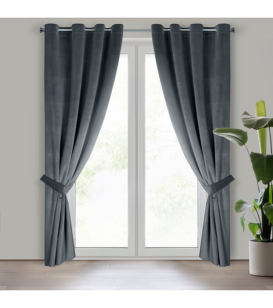 Графитена велвет завеса с халки и връзка 140x270 см снимка