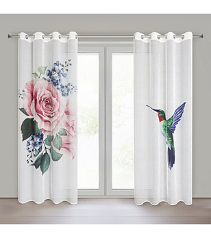 Комплект бели пердета с рози и колибри на халки 140x260 см снимка