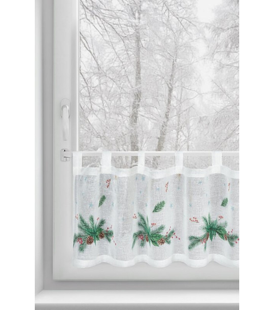 Бяла етажерка перде с зелени шишарки 150x30 снимка