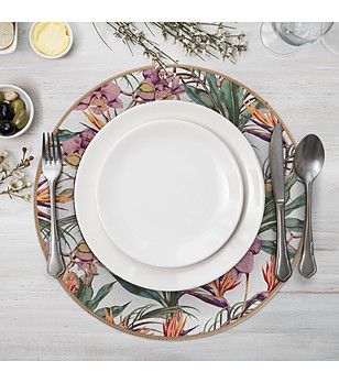 Комплект 6 зелено-лилави кръгли подложки с флорален принт 38 см снимка