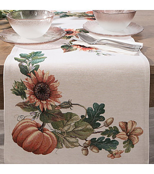 Тишлайфер в екрю и оранжево със слънчогледи и тикви 45x140 см снимка