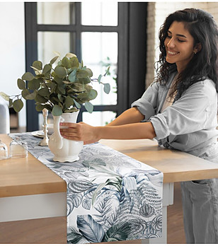 Бял тишлайфер с екзотични синьо-зелени листа 40x140 см снимка