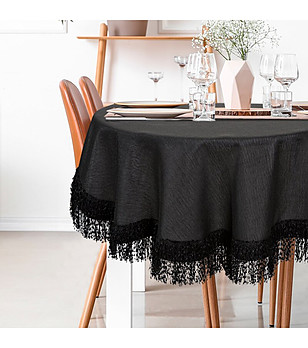 Черна кръгла покривка с ресни 150 см снимка