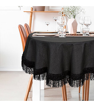 Черна кръгла покривка с ресни 120 см снимка