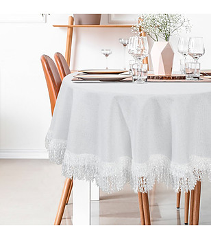 Бяла кръгла покривка с ресни 180 см снимка