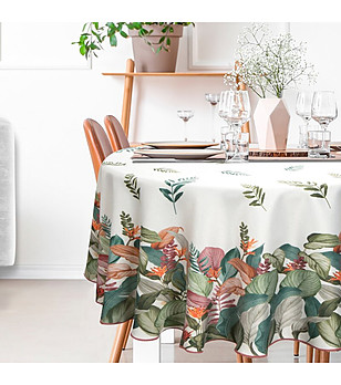 Кръгла бежова покривка с ботаничен принт 150 см снимка