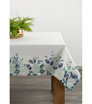 Бяла покривка със зелени рози 140x300 см снимка