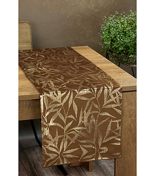 Кафяв кадифен тишлайфер със златисти листа 35x180 см снимка