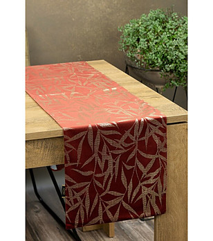 Керемидено-червен велурен тишлайфер със златисти листа 35x180 см снимка