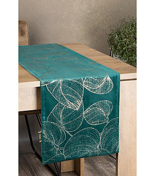 Тъмнозелен кадифен тишлайфер със златисти листа 35x180 см снимка