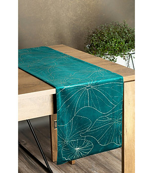 Тъмен тюркоазен велурен тишлайфер със златисти цветя 35x180 см снимка